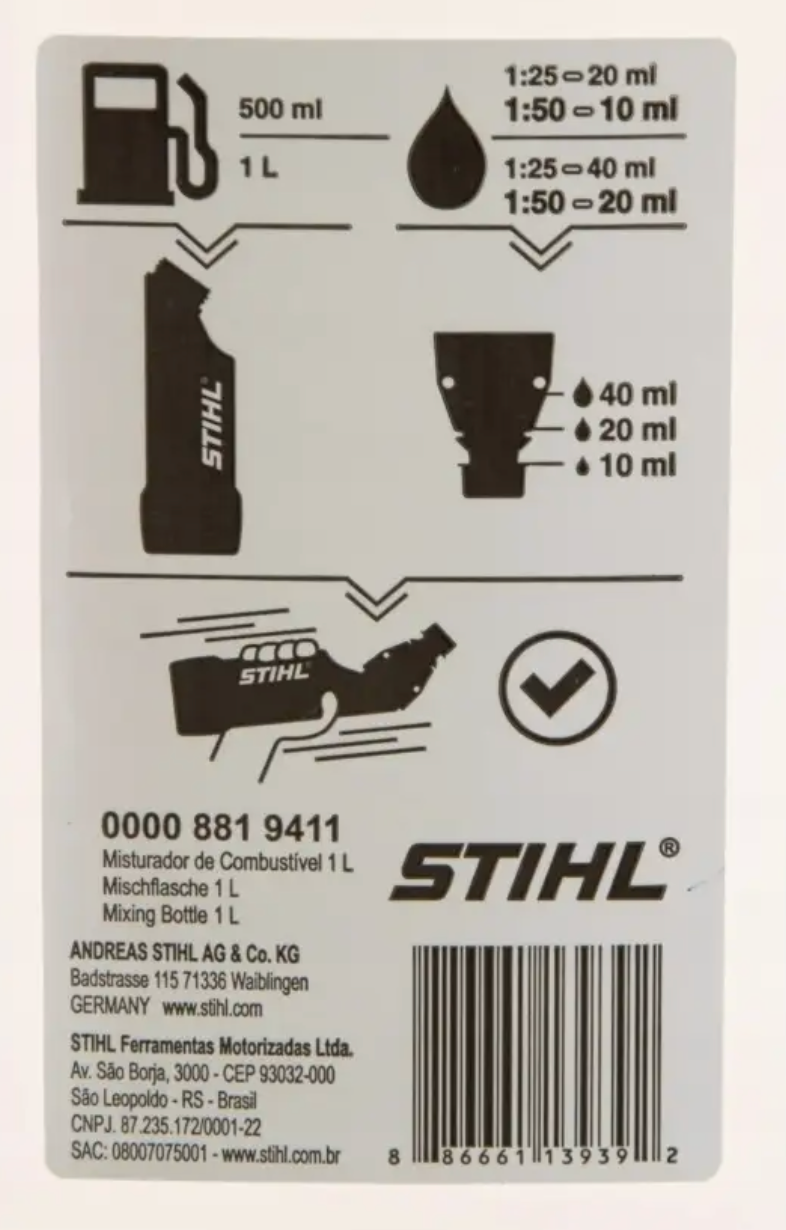 STIHL OEM Fuel Mixing Bottle (Fuel + 2 Stroke Oil) 1l 00008819411